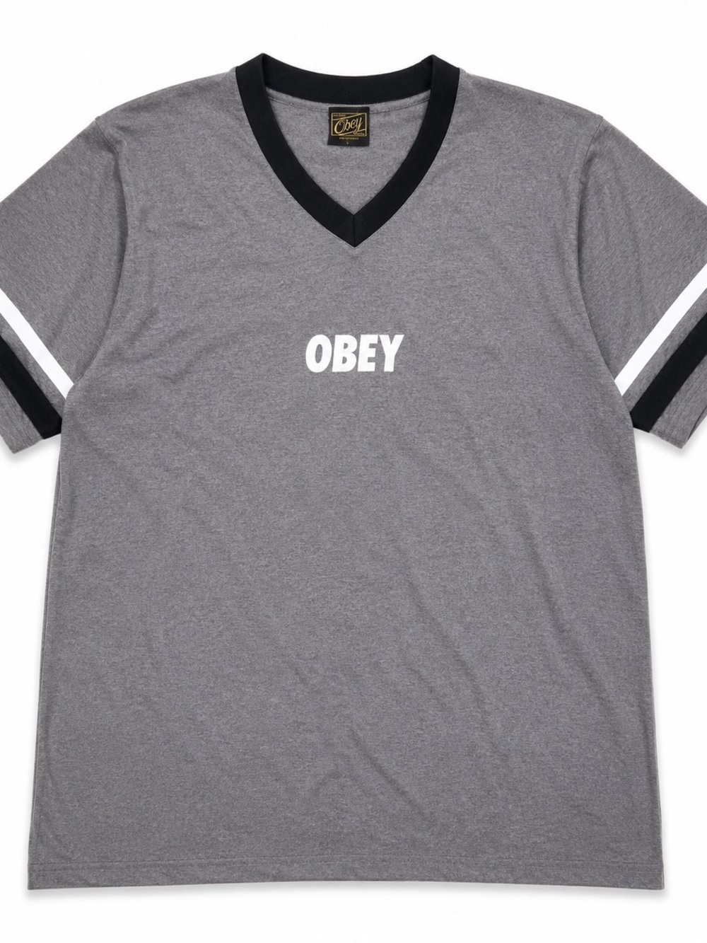 OBEY Commanda Paste Gray V-Neck Varsity Stripe Tee Men’s Large Rare